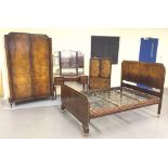 Walnut four piece bedroom suite including bed ends with shell carved legs, irons and base