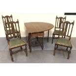 Oak barley twist gate leg table with fitted drawer and four oak barley twist high back chairs