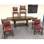 Large oak extending refectory dining table and 6 leather seat and back chairs