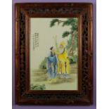 A Chinese Framed Ceramic Plaque. The gla