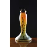 An Art Nouveau Amber & Green Tinged Glass Lamp Base hand painted with an iris and signed P.