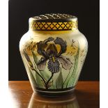A Frosted Glass Rose Vase having a gilt wire-work flower holder,