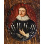 A 16th Century Oil on Oval Copper Panel: Three-quarter length portrait of a Gentleman with ruff and