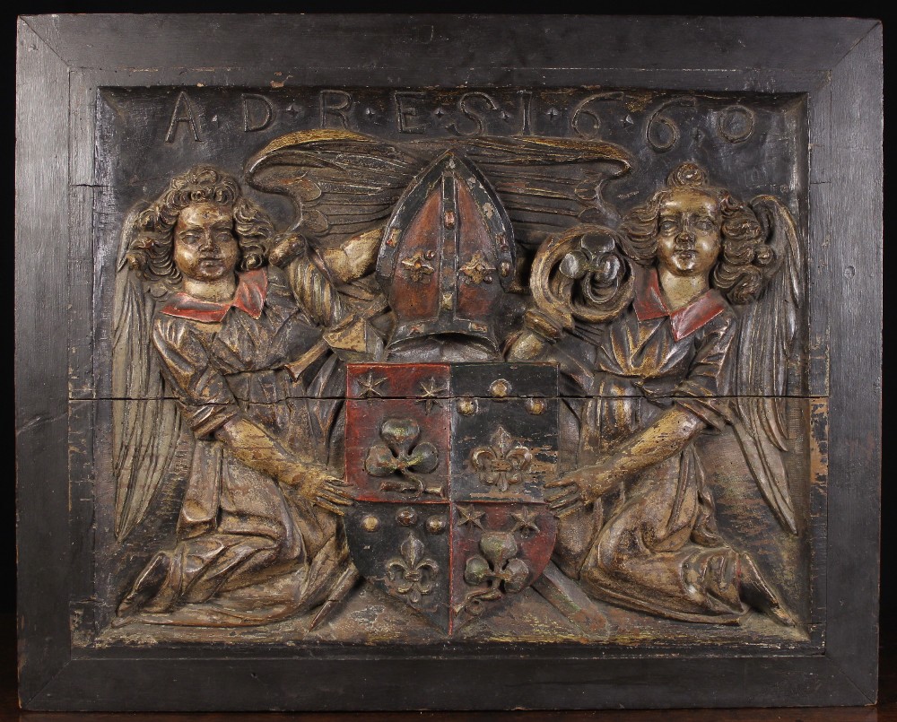 A 17th Century Polychromed Armorial Panel inscribed ADRES and dated 1660.