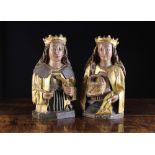 A Pair of Late 15th Century South German Relief Carved Busts of Saint Catherine & Saint Dorothea,