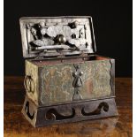 A Small Painted Wrought Iron Strong Box, bound in steel straps with rosette studded ornamentation.