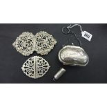 Two silver Nurses buckles, a silver purs