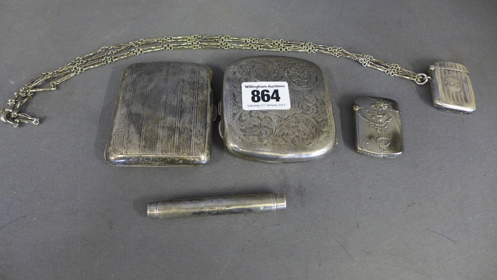 Two silver cigarette cases, a silver ves