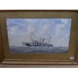 A framed watercolour painting of H.M. Transort Leasowe Castle in her dazzle camouflage paint