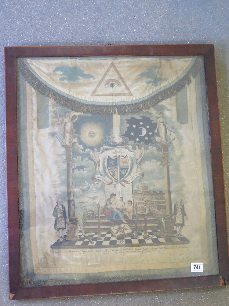 A framed printed silk Masonic apron 18th