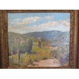 An oil on board  Italian Landscape - signed Dunlop - Pathway to foreground wooded valley - in a