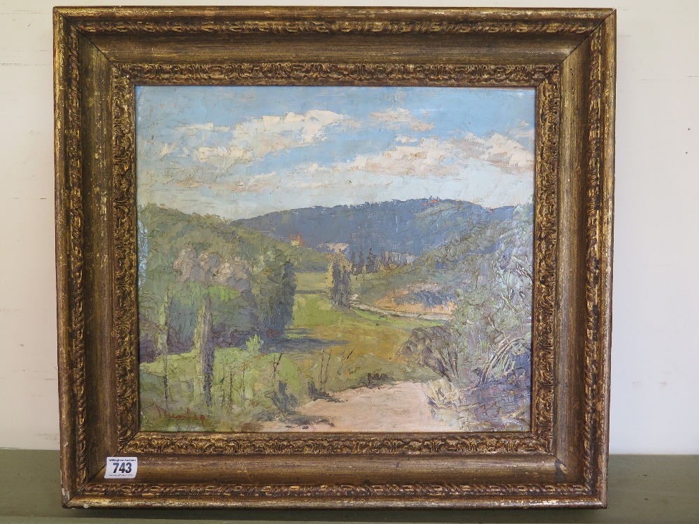 An oil on board  Italian Landscape - signed Dunlop - Pathway to foreground wooded valley - in a - Image 2 of 4