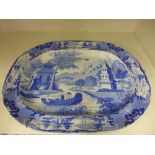 A good 19th century blue and white metal plater Chinese Pagoda and River pattern - 52 cm x 40