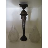 A bronze Newel post lamp with two glass