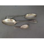 A pair of silver tablespoons, a silver c