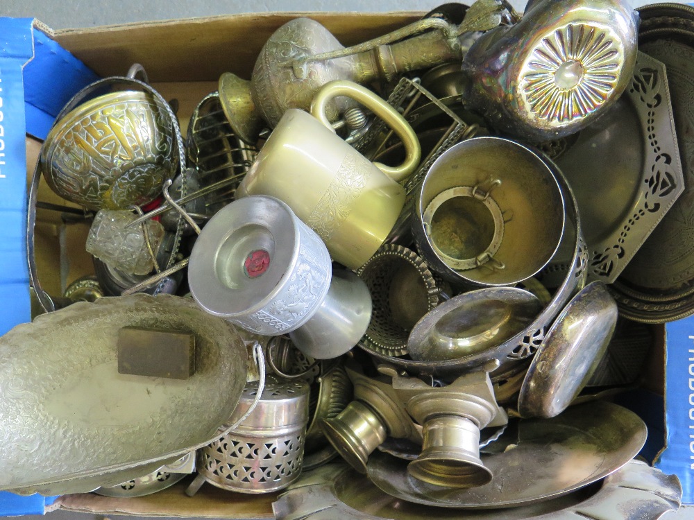 A large box of assorted silver plate and