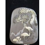 A Japanese scholars ink stone and cover carved with cranes beneath a pine tree - 17 cm x 13 cm