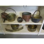 Assorted brass and copper ware including preserving pans, fender, siphon etc.