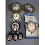 Eight miniatures including seven portraits and one resin silhouette of a stag