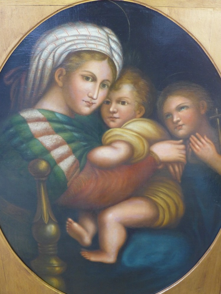 An oil on canvas -  Madonna and child with onlooker in the style of Raphael by E Cundari - in an - Image 2 of 5