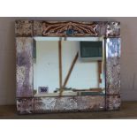 An Arts and Crafts bevelled mirror - mottled silver plate and copper design with turquoise Ruskin