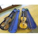 A cased Violin and bow with two piece tiger stripe 35.5 cm (14") back with label - copy of Antonius