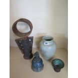 A Studio Pottery porcelain incised celadon vase by Stephanie Kalan, a salt glazed pot and cover,