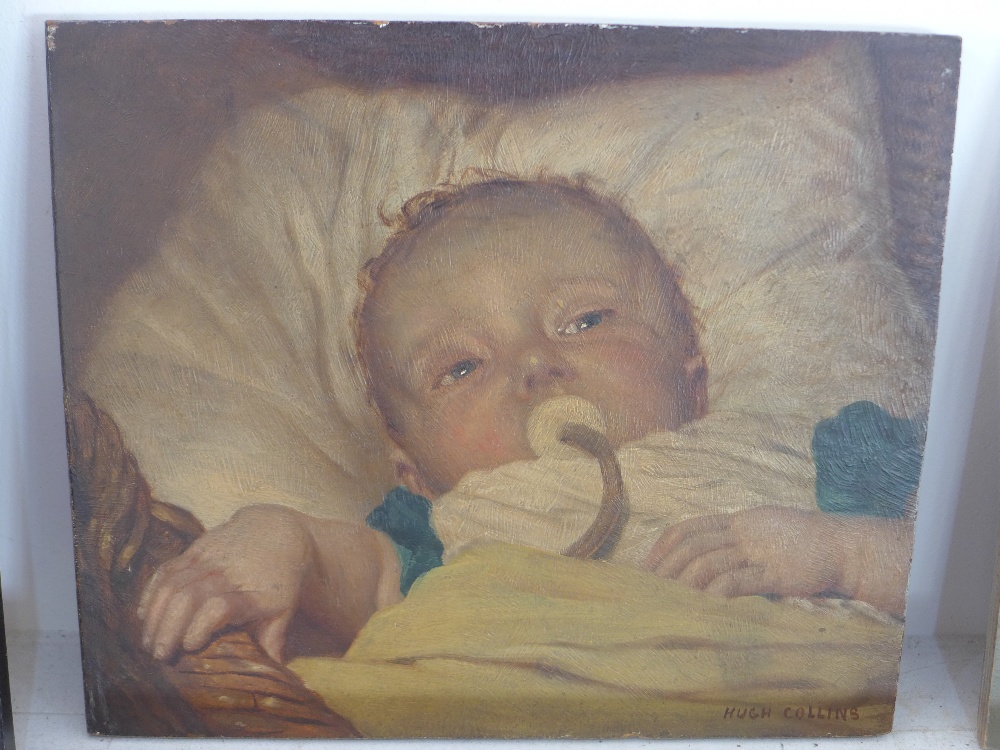 Hugh Collins - oil on panel - Bay recumbent in cot with comforters - signed to bottom right hand