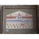 An early 1900's watercolour on silk Chinese Palace scene - in a gilt frame - 38 cm x 53 cm