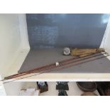 A vintage split cane Hardy Bros three piece Roach rod - no. D 5863 - Length 3.35 m and an aluminium