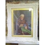 A framed and glazed oil on canvas of a seated monk unsigned - 48 cm x 59 cm