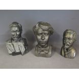 A group of three Soviet made cast Spelter or alloy busts with patinated finish - Height 16 to 19 cm