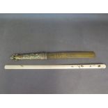 Two letter openers, one brass decorated in foliate design with birds and flowers to blade and one