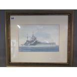 A framed and glazed gouache painting of World War I British Battleship HMS Queen Elizabeth by John