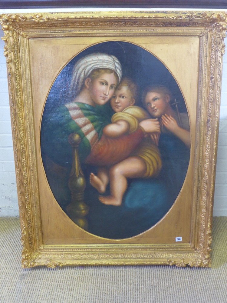 An oil on canvas -  Madonna and child with onlooker in the style of Raphael by E Cundari - in an