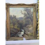 Abraham Hulk Junior gilt framed oil on canvas - entitled The Rambling Bridge near Sterling verso -