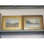 Two watercolour landscapes by Ivy Stannard, one winter scene of sheep - Winters golden hour - with