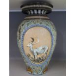 A very large Hannah Barlow Doulton Lambeth urn shaped vase with panels depicting a Fallow Deer,