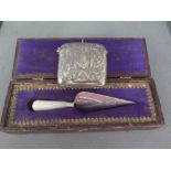 A silver Masonic vesta and a small boxed silver Masonic trowel, a pewter flask and Ronson lighter