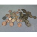 A collection of assorted coinage mainly English including Cartwheel twopence and a Cartwheel penny