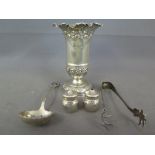 A silver embossed vase - Sheffield 1897/98 - Height 11 cm, a small silver salt and pepper, a pair