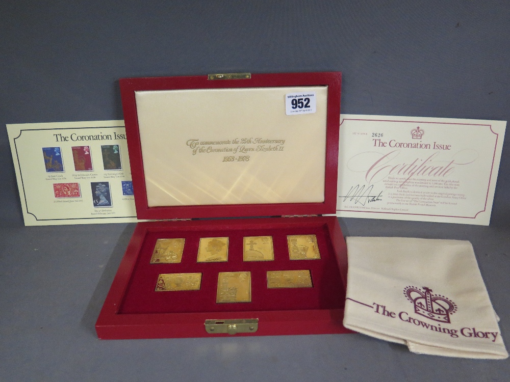 A set of - The Coronation Issue - commemorative silver gilt stamps - 9p, 10 1/2p, 11p, 13p, 2 1/2