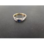 A sapphire and diamond three-stone ring - The square-shape sapphire to the single-cut diamond