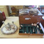 A quantity of silver plated items including serving dish, tray, ladle, candelabra etc.