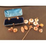 A pair of seed pearl dress studs - Stamped 9ct - Other assorted dress studs and a cufflink - Approx