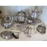 A collection of assorted silver plated items including a three piece teaset, entree dish and tray