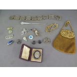 A Ladies belt bag, assorted costume jewellery, a silver plated belt and a button hook and a plated