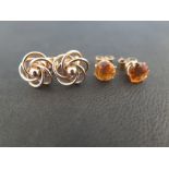 A pair of 9ct gold twist ear studs - Hallmarked London - Together with a pair of citrine ear studs