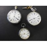 Two silver cased pocket watches and a fob watch - the Waltham with white enamel face and Roman