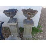 A pair of black painted metal foliate design planters on reconstituted stone columns diameter 48cm,